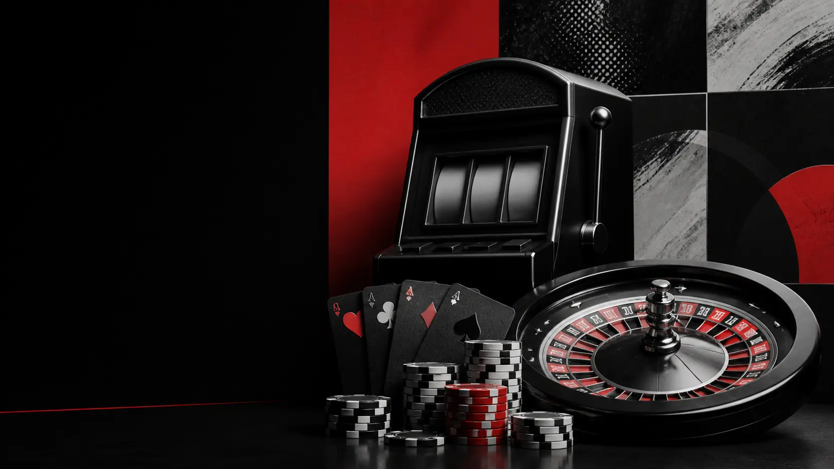 Komposisi editorial mesin slot, kartu, chip, dan roda roulette tanpa merek