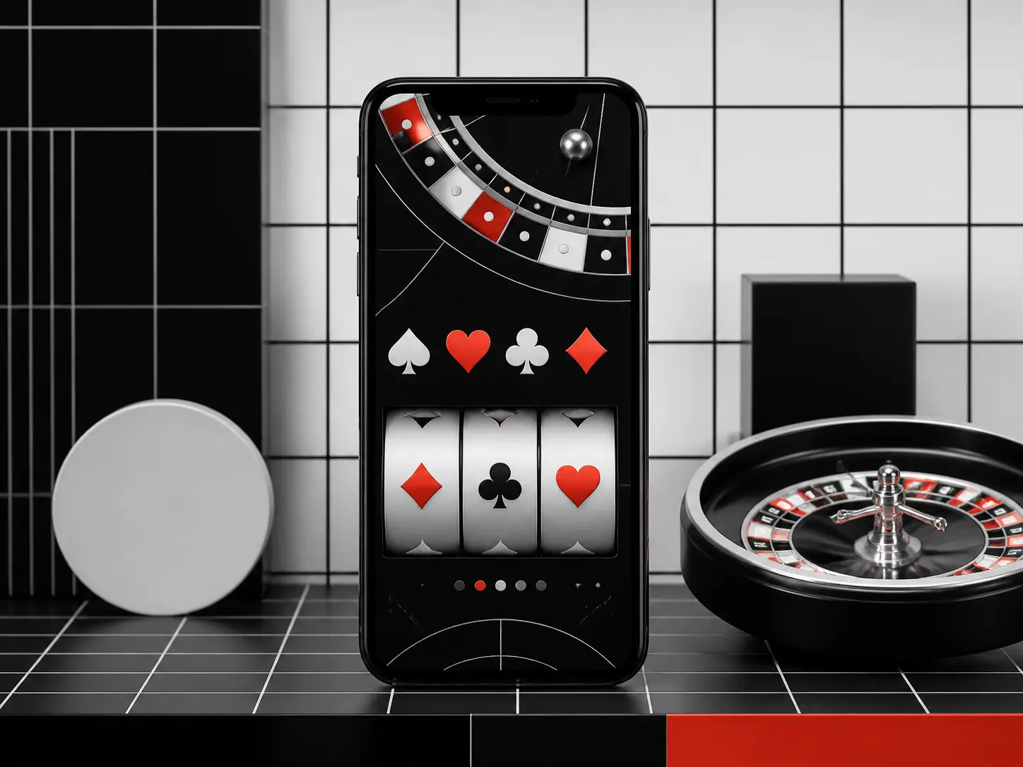 Ponsel tanpa merek menampilkan simbol kasino abstrak di samping roulette