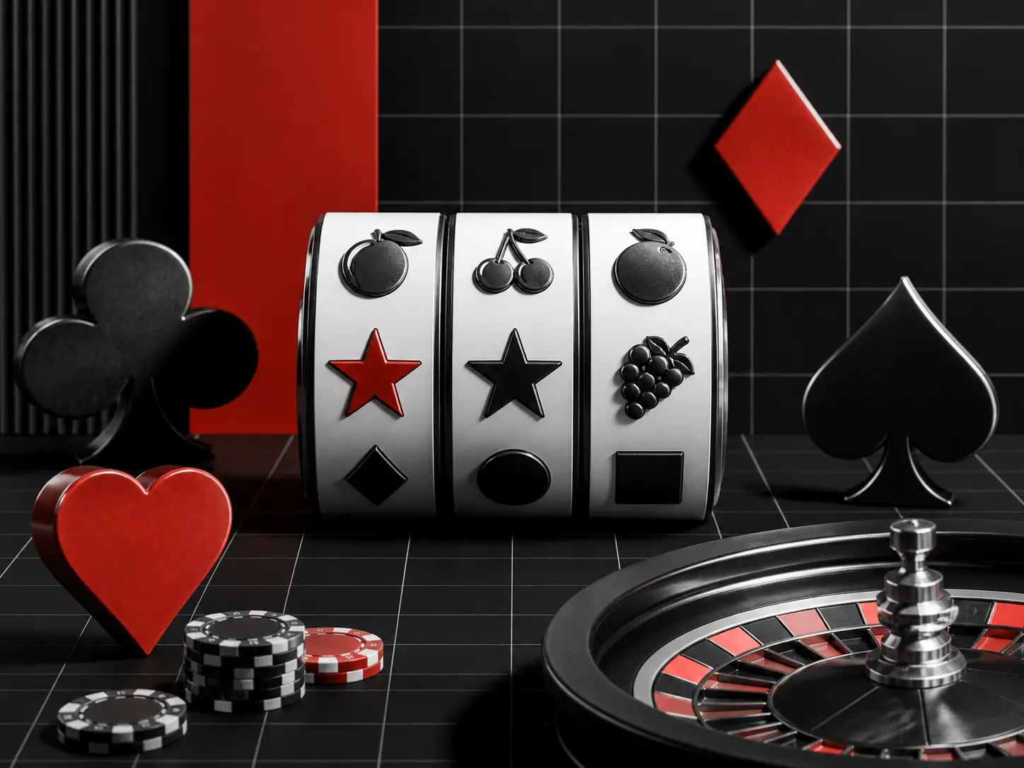 Reel slot dan simbol permainan kasino dalam komposisi hitam putih