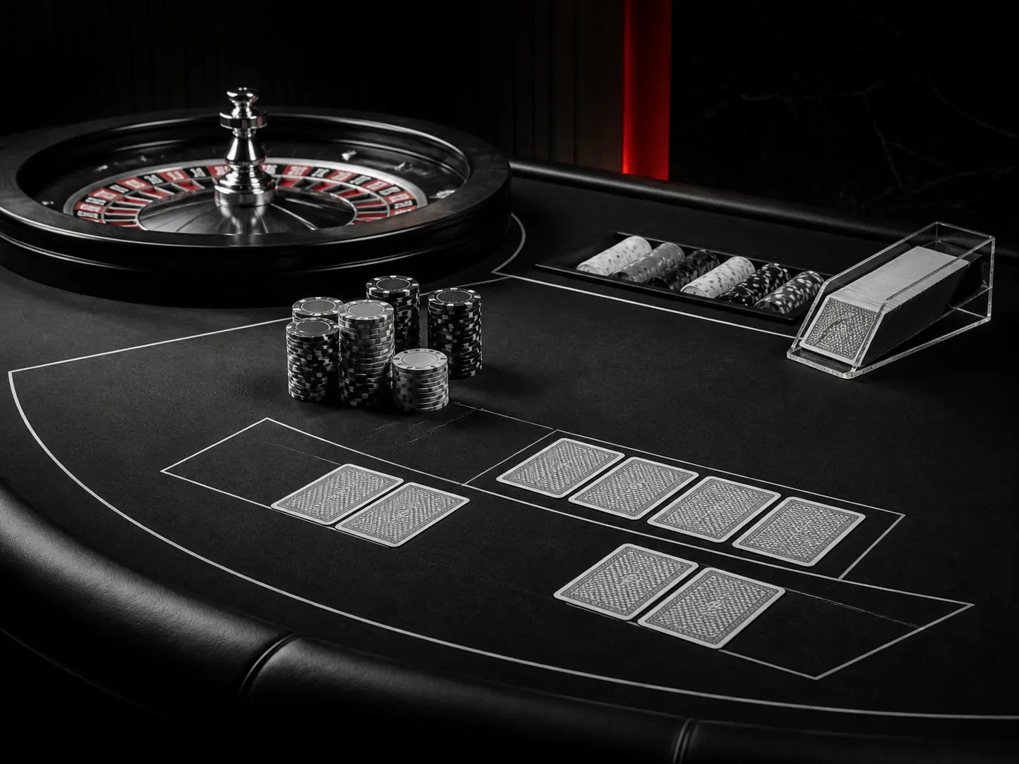 Meja kasino kosong dengan roulette, kartu, dan chip tanpa merek